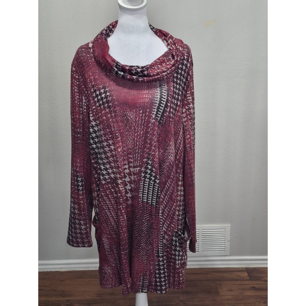 Susan Graver Mixed Print Cowl Neck Long Sleeve Tunic Top with Pocket Soft 2X/3X